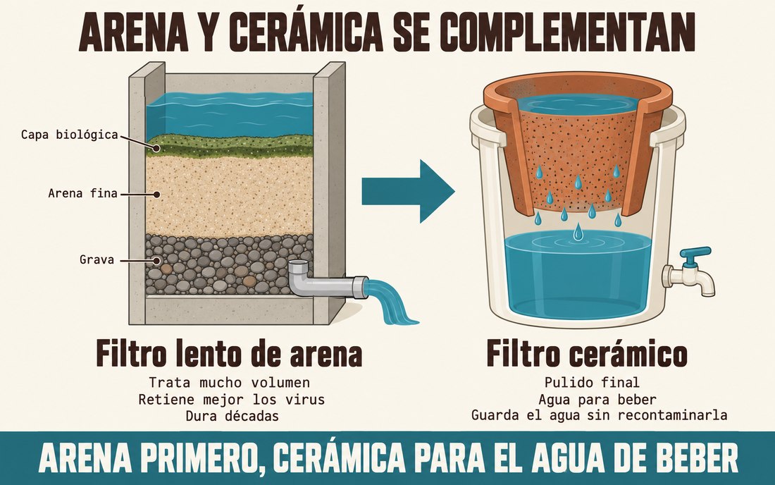 Infografía: un filtro lento de arena con capa biológica, arena fina y grava, conectado con una flecha a un filtro cerámico de olla en balde con llave.