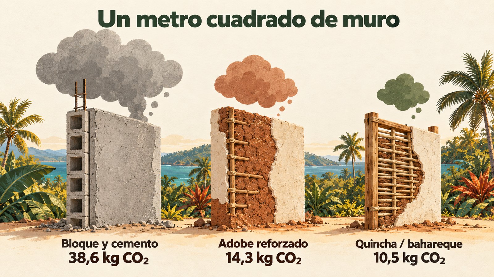 Infografía: tres cortes de muro — bloque y cemento 38,6 kg de CO₂, adobe reforzado 14,3 kg, quincha o bahareque 10,5 kg — con nubes de CO₂ de tamaño proporcional.