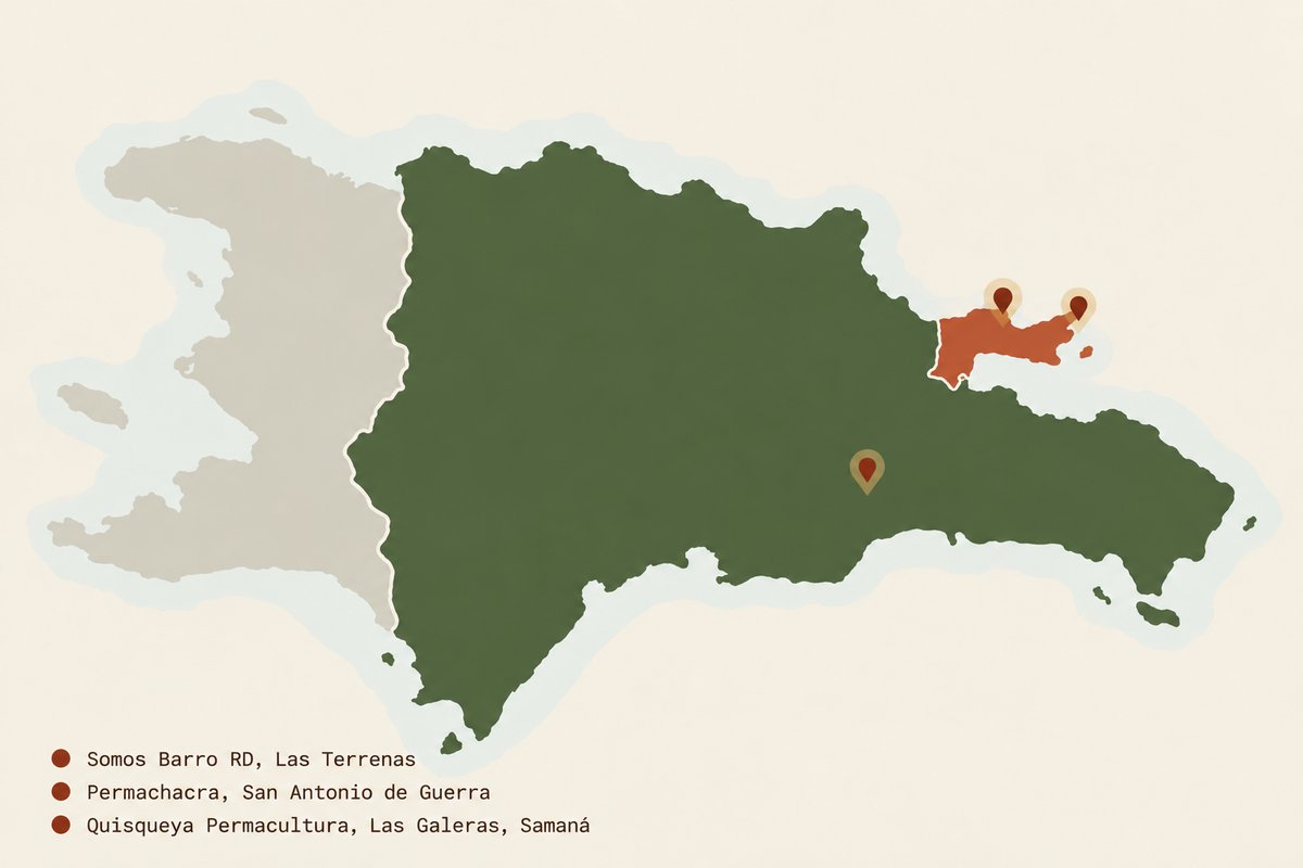 Mapa de República Dominicana con la provincia de Samaná resaltada en terracota y tres puntos marcados: Las Terrenas (Somos Barro RD), San Antonio de Guerra (Permachacra) y Las Galeras, Samaná (Quisqueya Permacultura)
