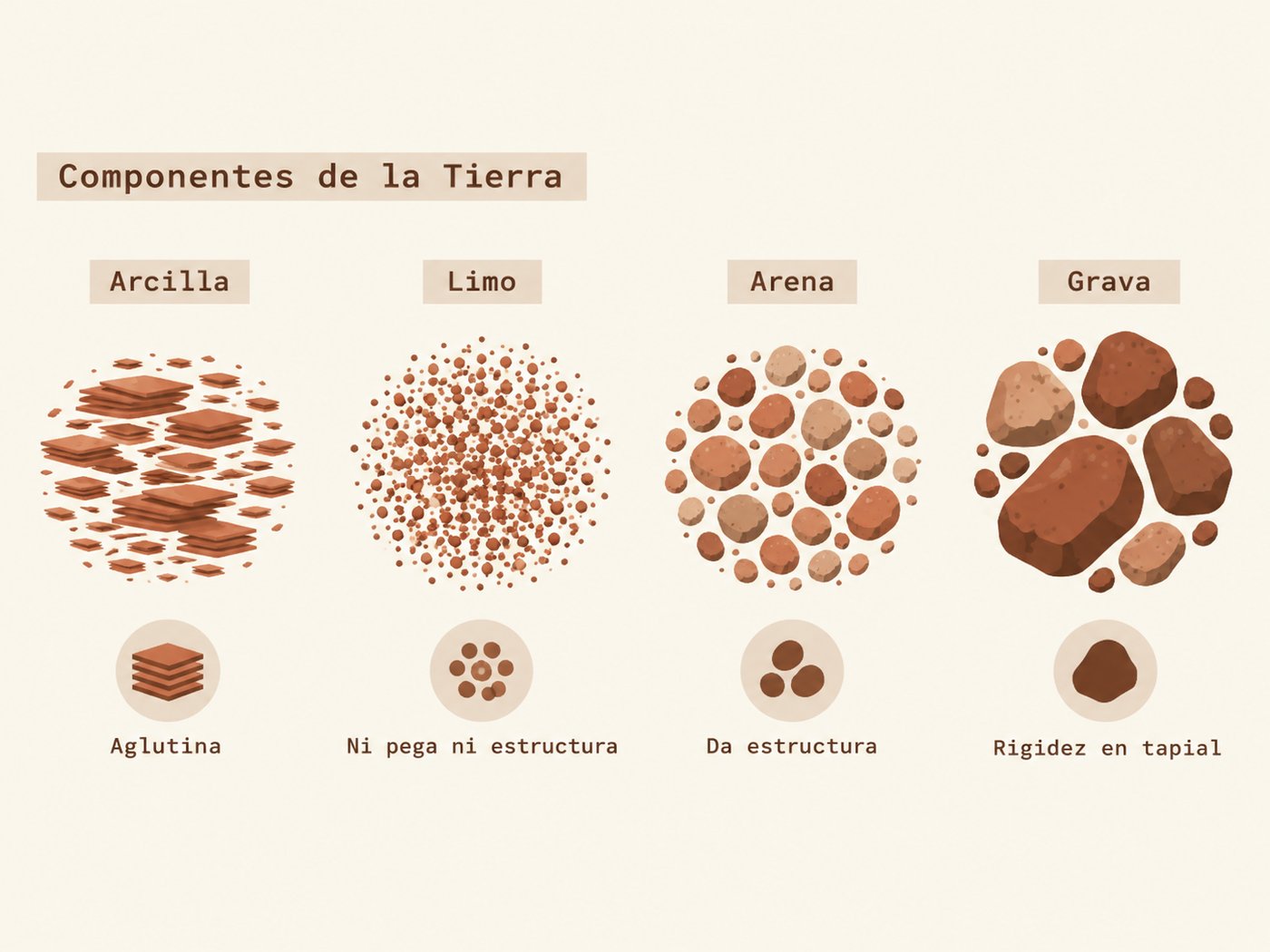 Los cuatro componentes de la tierra — arcilla, limo, arena y grava — con su función: la arcilla aglutina, el limo ni pega ni estructura, la arena da estructura, la grava da rigidez en tapial