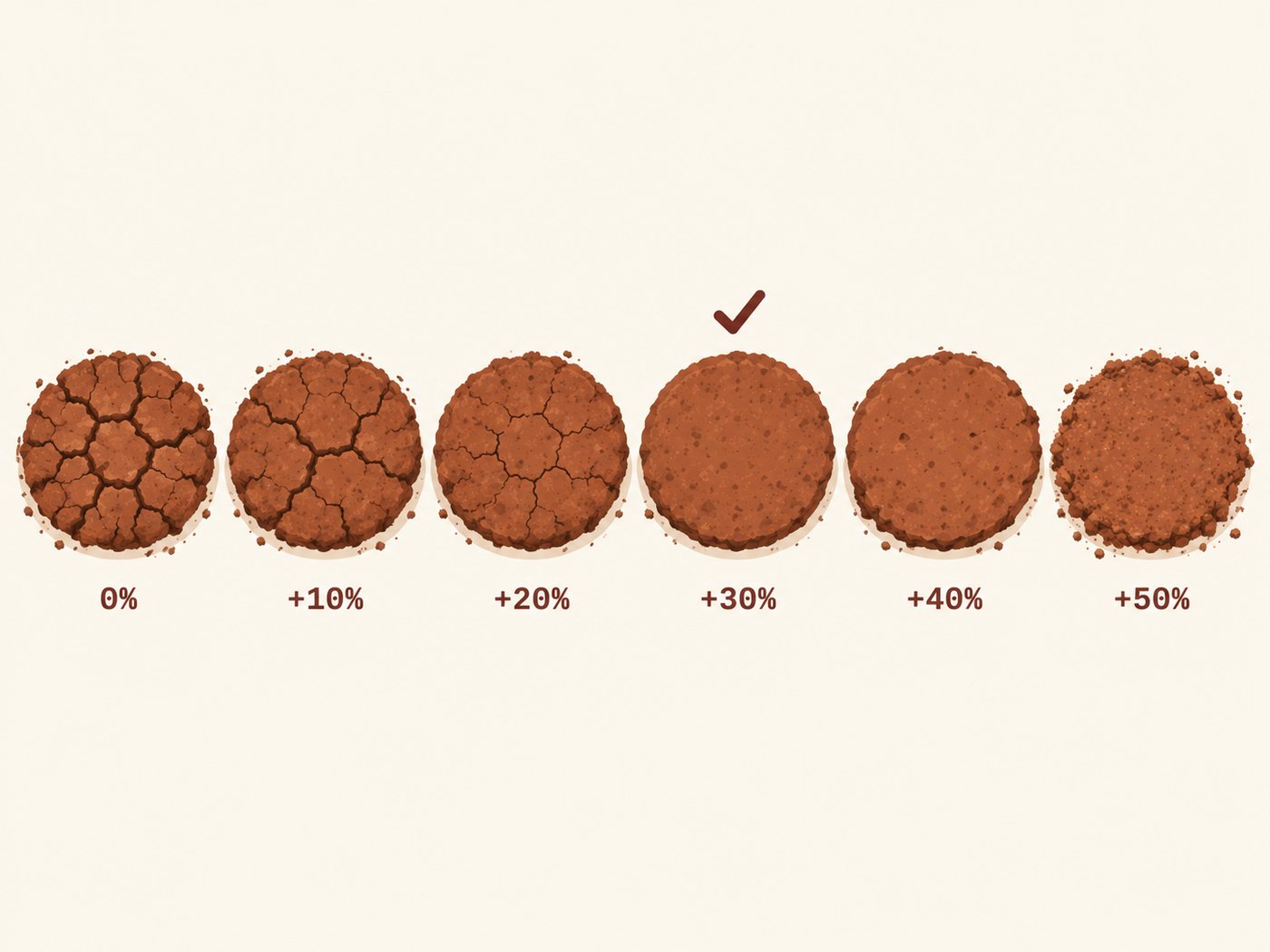Serie de seis tortas de tierra de 5 cm con proporciones crecientes de arena agregada, de 0% a +50%, mostrando cómo disminuye la fisuración y marcando con un check la proporción óptima