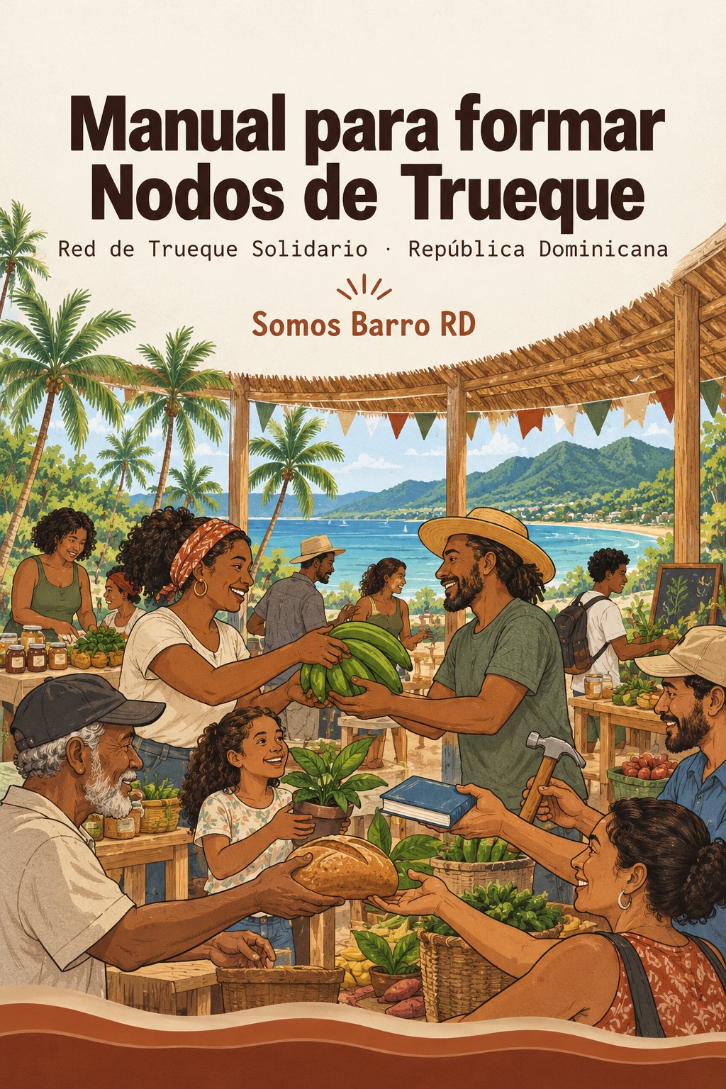 Feria comunitaria bajo una enramada en Las Terrenas: vecinos intercambian plátanos, pan, plantas, libros y herramientas.