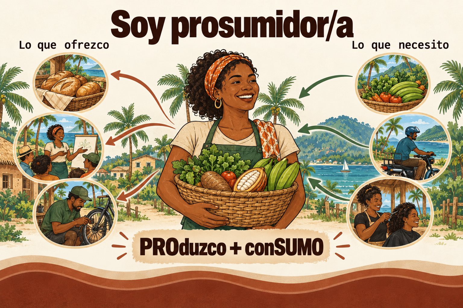 Una persona en el centro con dos flechas: hacia afuera “lo que ofrezco” (pan, clases, reparaciones) y hacia adentro “lo que necesito” (verduras, transporte, corte de pelo). Título: “Soy prosumidor/a”.
